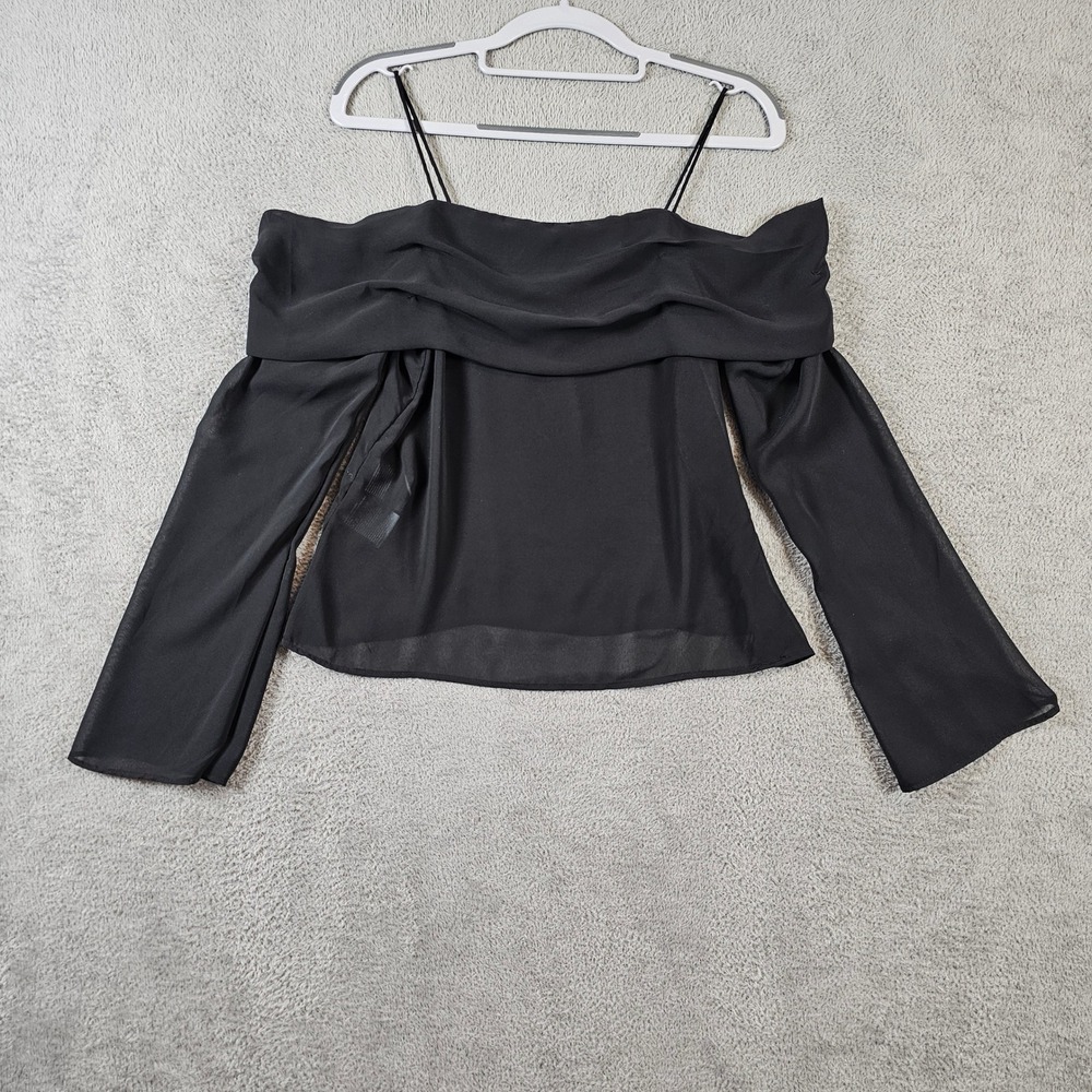 H&M Divided Black Off Shoulder Chiffon Blouse Long Sleeve Sheer Top Small